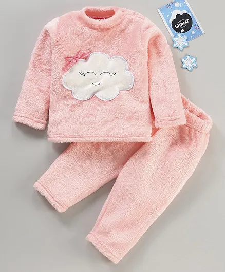 Babyhug Knitted Full Sleeves Velour Winter Night Suit Cloud Applique - Pink