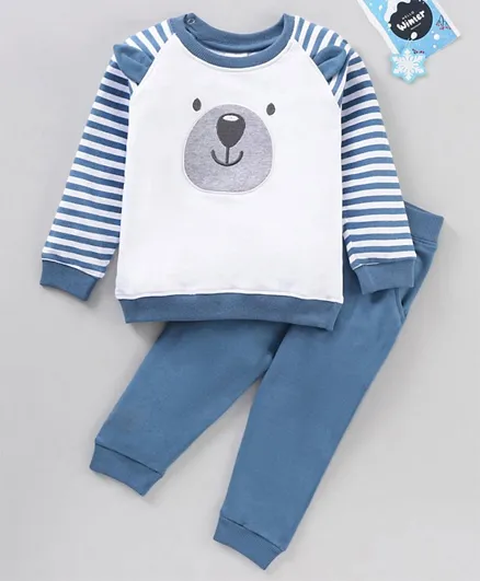 Babyhug Full Sleeves Stripe T-Shirt with Ear Applique & Elasticated Lounge Pant - White Blue