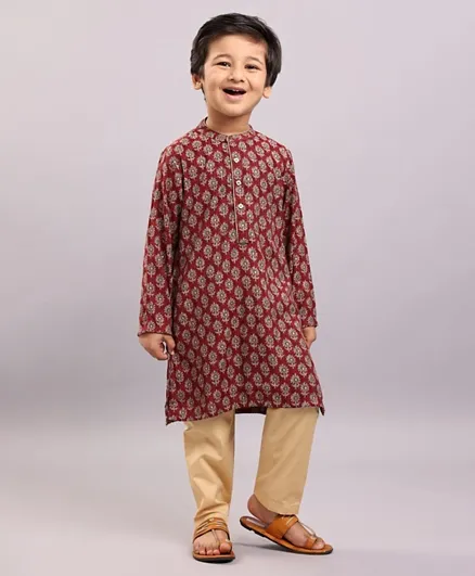 Babyhug Woven Full Sleeves Kurta & Pajama Set Ethnic Print - Maroon