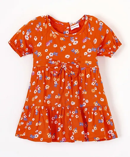 فستان بيبي هاغ بأكمام نصفية من الرايون الكامل تويل بطبعة زهور - برتقالي