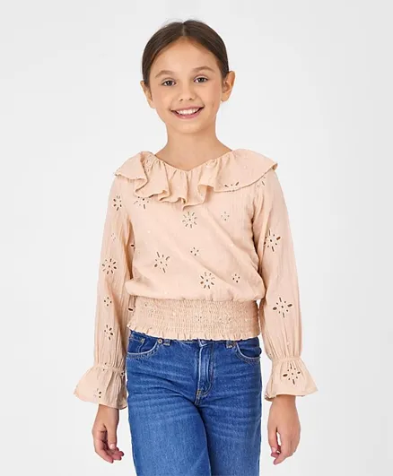 Primo Gino Smocking Elasticated Sleeves Ruffled Layer Soft Cotton Top With All Over Tonal Anglaise Embroidery - Beige