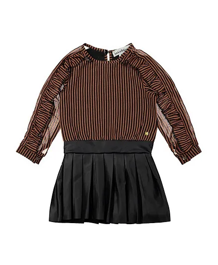 Koko Noko Striped Ruffle And Pleat Detail Dress - Brown