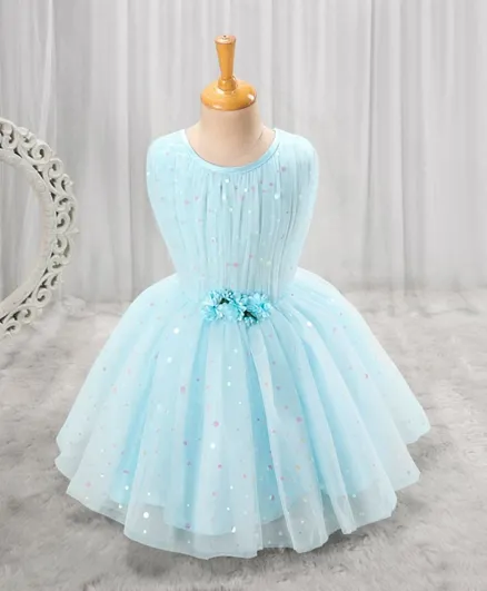 Babyhug Sleeveless Party Wear Frock with Corsage - Light Blue