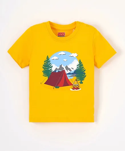 Babyhug Cotton Knit Half Sleeves T-Shirt Adventure Print - Yellow
