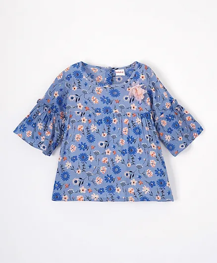Babyhug Bell Sleeves Rayon Top With Floral Print And Corsage Detailing- Blue