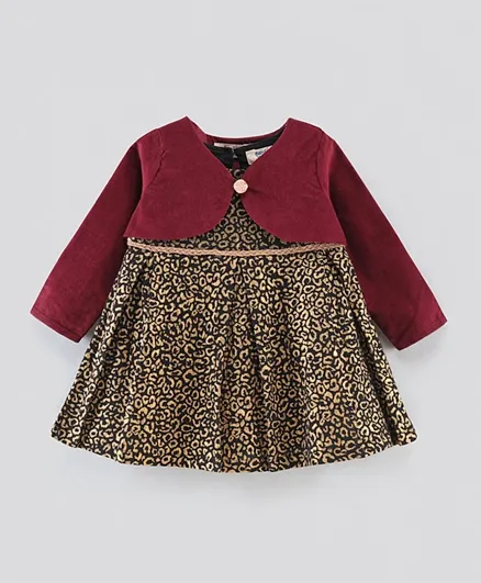 بونفينو - فستان بدون أكمام بطبعة الفهد مع جاكيت لتدفئة الكتفين بأكمام طويلة  - بني وأحمر داكن
