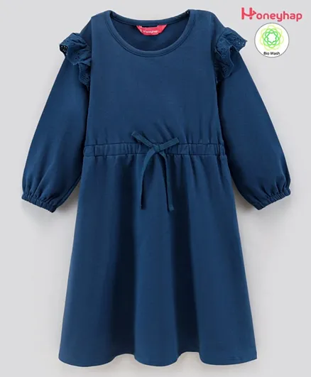 Honeyhap 100% Cotton Full Sleeves Solid Biowashed Dress With Bow Applique - Navy Blue