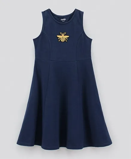 Primo Gino Princess Cut Sleeveless Dress in Stretchable Pique Fabric with Honey Bee Badge- Blue