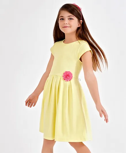 Primo Gino Cap Sleeves 2x2 Rib Fit & Flare Dress With 3D Sequins Flower Badge in Softer Cotton Elastane Fabric - Light Yellow