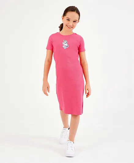Primo Gino Half Sleeves Dress with Unicorn Badge and Side Slit - Pink