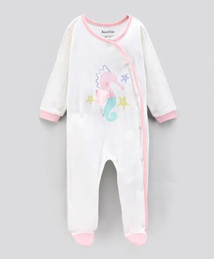 Bonfino Cotton Full Sleeves Footed Sleepsuit In Pointelle Fabric Seahorse Print- Pink