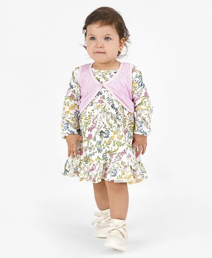 Bonfino Cotton Full Sleeves Dress With Sleeveless Shrug All Over Printed - Multicolor