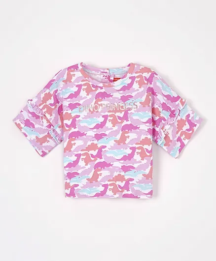 Babyhug Three Fourth Sleeves Drop Shoulder T-Shirt With Dinosaur Print and Frill Detailing - Pink