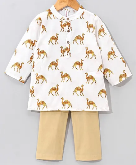 Babyhug Cotton Woven Full Sleeves Kurta & Pyjama Set Camel Print - Off White