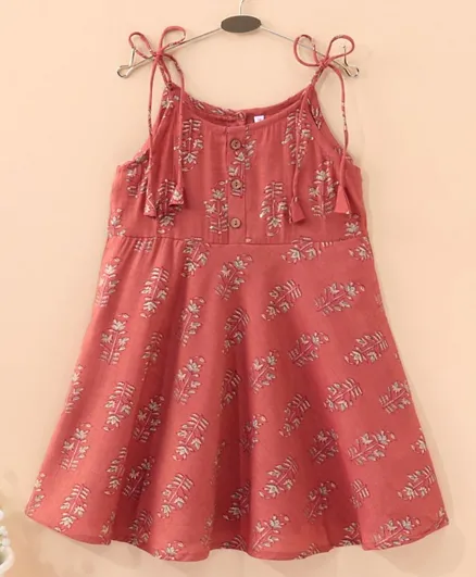 Babyhug Sleeveless Ethnic Dress Floral Print- Rust