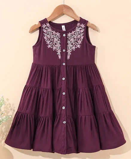 Babyhug Sleeveless Floral Embroidered Ethnic Dress - Purple