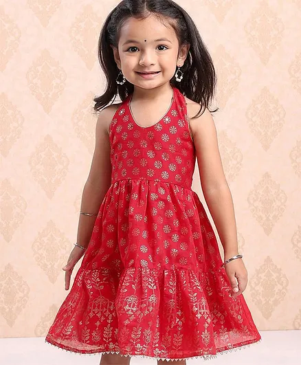 Babyhug Sleeveless Printed Backless Ethnic Dress - Red