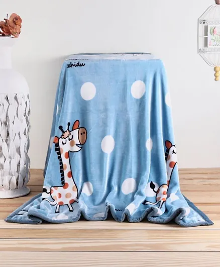 Babyhug Premium Reversible Plush Giraffe Print Double Layer Blanket - Blue