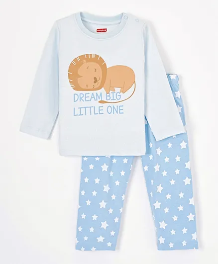 Babyhug Cotton Full Sleeves Night Suit Lion & Stars Print- Blue