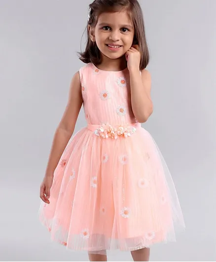 Babyhug Sleeveless Embroidered Party Wear Frock - Peach