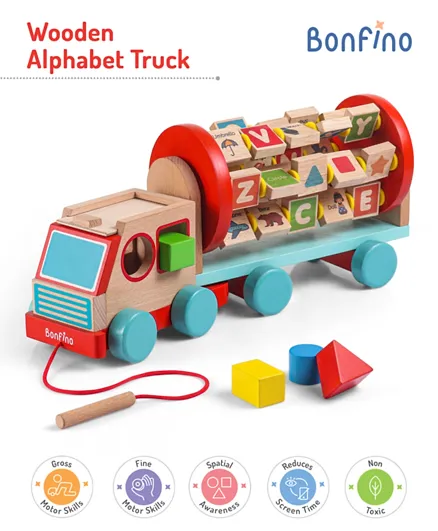 Bonfino Wooden Educational Alphabet Pull Along Truck Toy - Multicolour