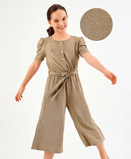 Primo Gino Mettalised Knit Half Sleeves Jumpsuit Solid - Gold
