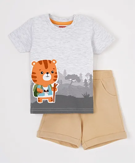 Babyhug 100% Cotton Half Sleeves T-Shirt and Knee Length Shorts Trees Print with Tiger Patch- White and Brown