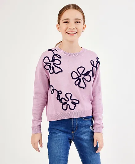Primo Gino 100% Cotton Full Sleeves Sweater with All Over Plush Embroidery - Lilac