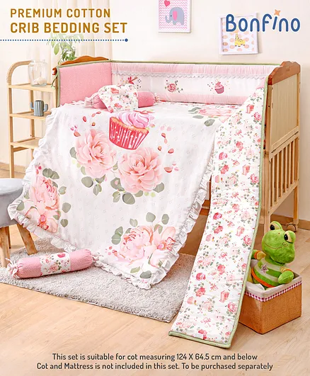 Bonfino Premium 100% Organic Cotton Crib Bedding Set Cupcake Print - Pink & White