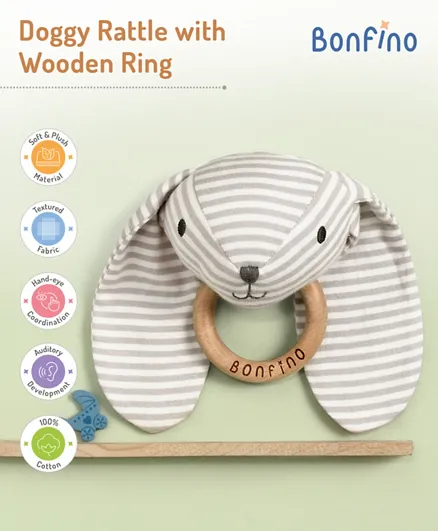 Bonfino Doggy Rattle With Wooden Ring - Grey
