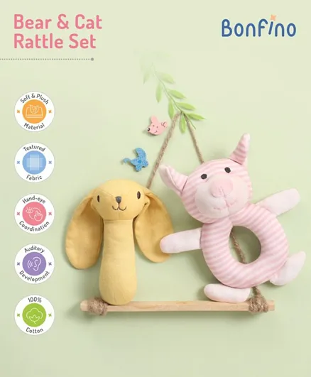 Bonfino Bear & Cat Rattles Yellow Pink - Pack Of 2