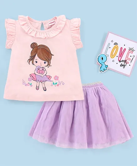 Babyhug Frill Sleeves Cotton Top & Skirt Set With Net Detailing Placement Print- Pink Lilac