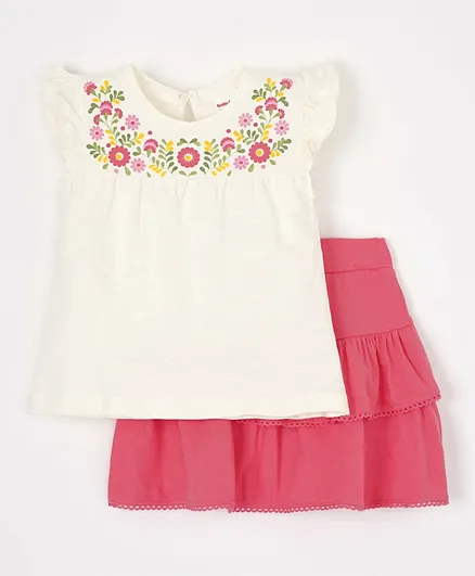 Babyhug Short Sleeves Floral Puffed Top & Knee Length Frilled Skirt - Off White Pink