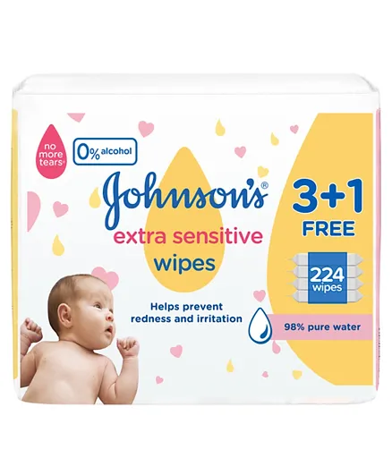 Johnson & Johnson Extra Sensitive Wipes Pack of 4 - 224 Wipes