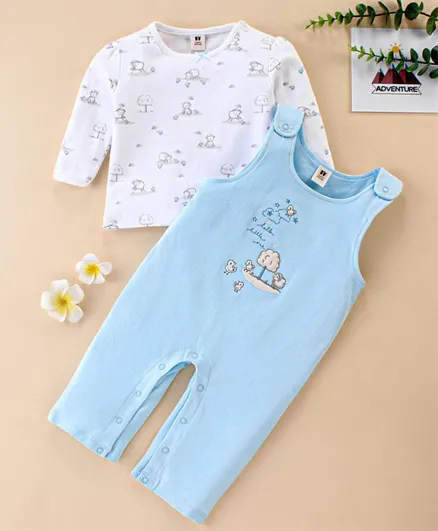 ToffyHouse Cotton Full Sleeves Tee With Dungaree Style Romper Sheep Print & Embroidery- Blue