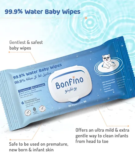 Bonfino 99.9% Water Baby Wipes - 60 Pieces
