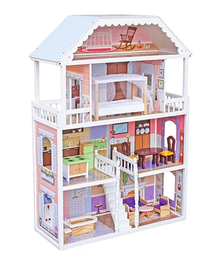 Wooden Dollhouse Set, Durable Natural Wood, 3+ Years, 78x30x110cm with Accessories & Furniture