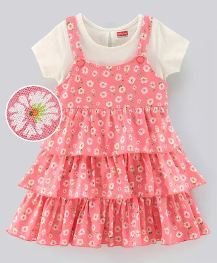 Babyhug 100% Cotton Sleeveless Frock Floral Print With Half Sleeves Inner Tee -  Peach and White