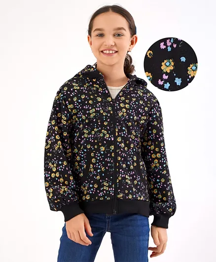 Primo Gino Terry Full Sleeves All Over Flower Print Hoodie - Black