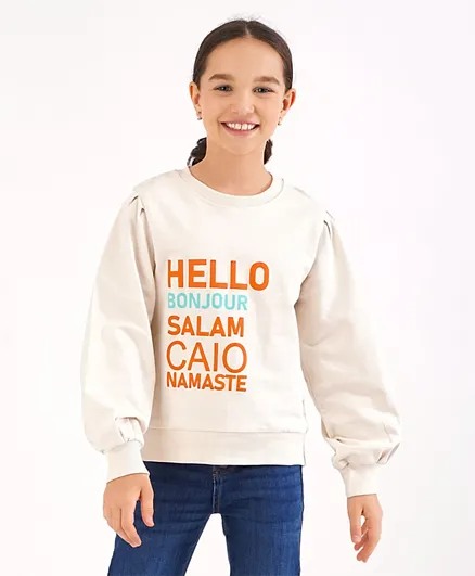 Primo Gino Cotton Terry Full Sleeves Sweatshirt with HD Print - Off White