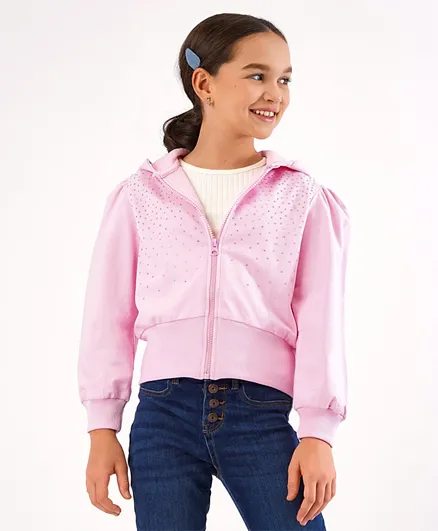 Primo Gino Cotton Terry Puff Sleeves Hoodies with Diamante - Pink