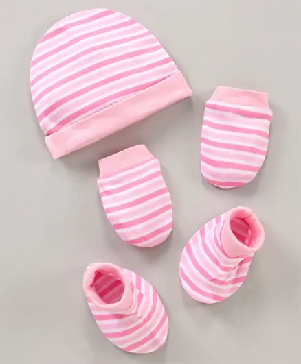 Babyhug 100% Cotton Cap Mittens & Booties Striped Pink - Diameter 16 cm