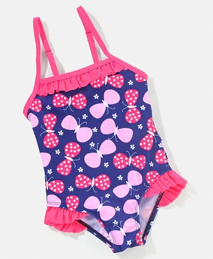 Babyhug Sleeveless V Cut Swimsuit Butterfly Print - Navy Blue & Pink