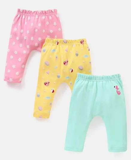 Babyhug Cotton Full Length Striped & Solid Diaper Pants Pack of 3 - Pink Blue & Yellow