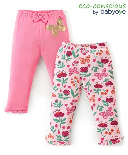 Babyoye Eco Conscious Cotton Eco Jiva Full Length Leggings With Butterfly Print Pack Of 2 - Pink