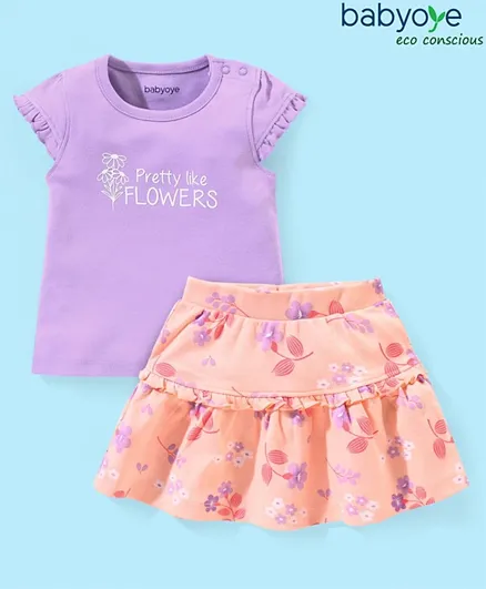 Babyoye Eco-Conscious Cotton Eco-Jiva Half Sleeves Top & Skirt Set Floral Print - Purple & Pale Peach