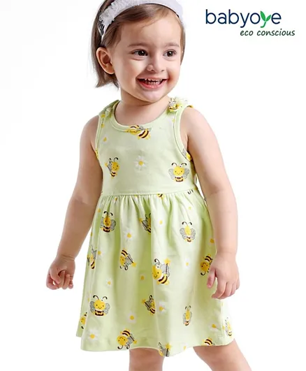 Babyoye Eco-Conscious Cotton With Eco Jiva Finish Frill Sleeves Frock with Bloomer Bee Printed - White & Jade