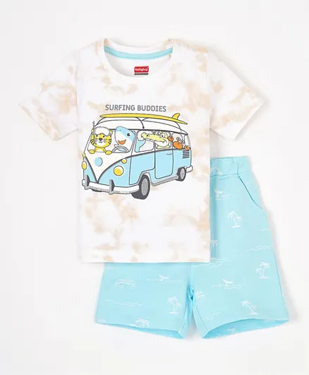 Babyhug Cotton Half Sleeves T-Shirt & Shorts Set Animal & Bus Print- Peach Blue