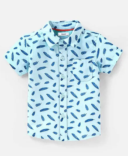 Babyoye 100% Cotton Woven Half Sleeves Feather Printed Shirt - Blue