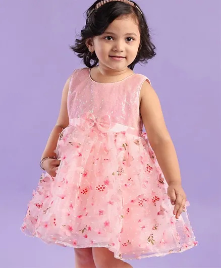 Babyhug Woven Sleeveless 3D Butterfly Fabric Party Frock With Bow  Sequin Embellished - Pink